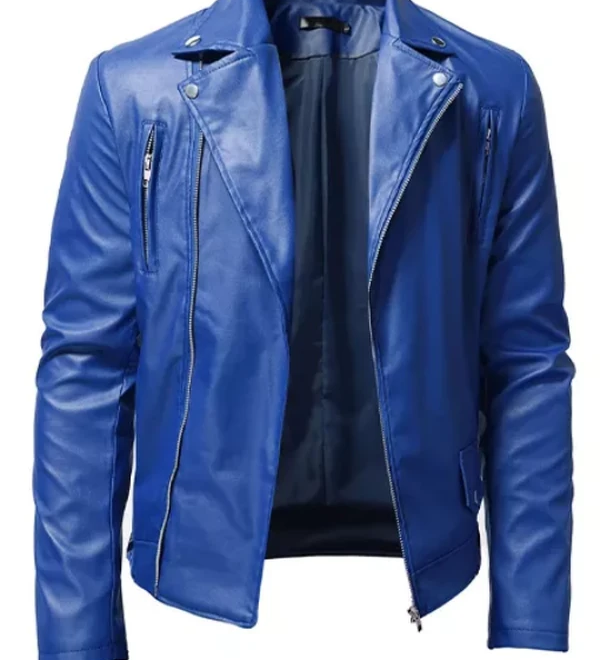 Men Blue Trucker Lambskin Leather Jacket – Classic Genuine Lambskin Trucker Jacket